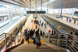 Passengers at railway Modern City Public Transport - immigration concept