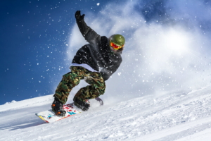 Snowboarding with trademarked gear.