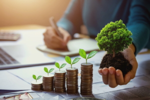 business woman hand holding tree with plant growing on coins.