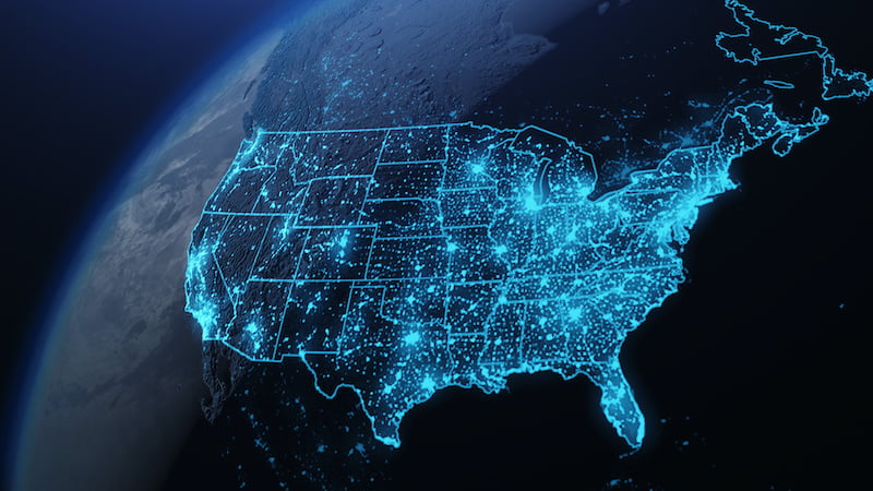 3d illustration of north america from space at night.