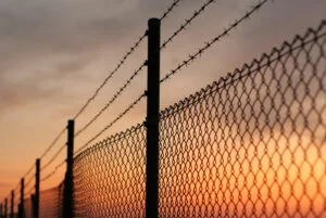 Chainlink fence with sunset in background.