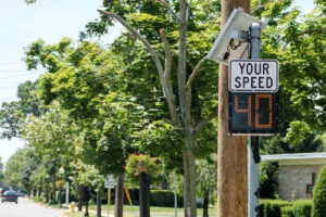 A radar is set up to let drivers know their speed in a local village.