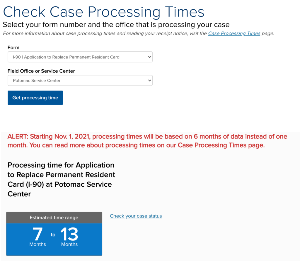 screen shot of uscis processing times page - 2022-01-04