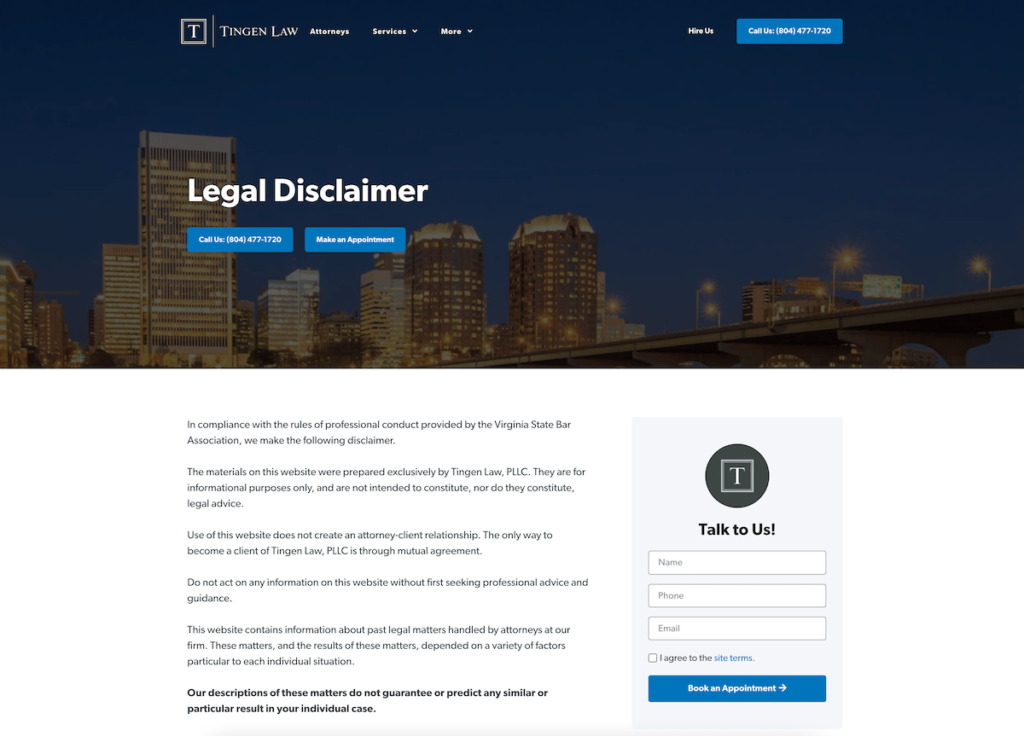a screenshot of the tingen law legal disclaimer page, as an example of how disclaimers can be used on a website.