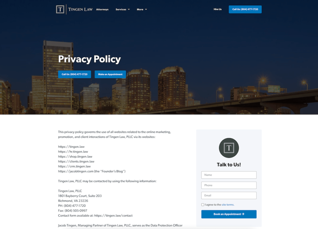a screenshot of the tingen law privacy policy page, as an example of how a privacy policy page can be used on a website.