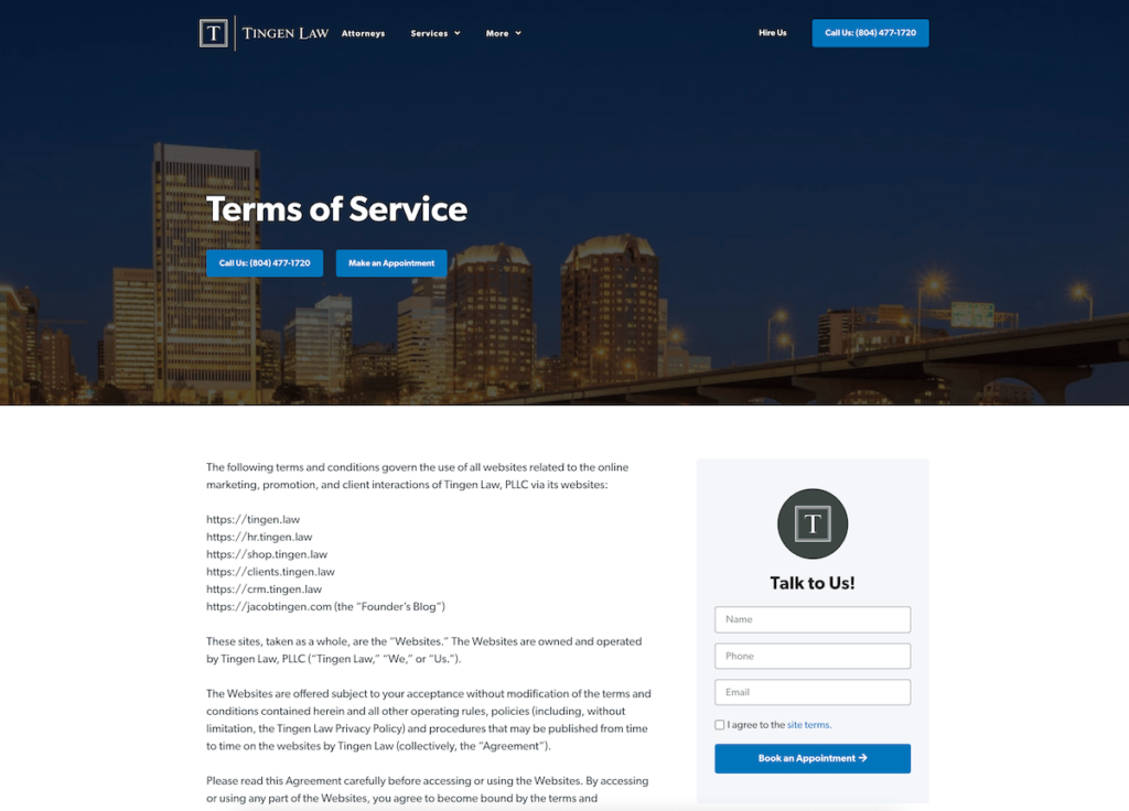 a screenshot of the tingen law terms of service page, as an example of how a tos page can be used on a website.