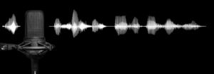recording studio microphone on black background with white audio waveform, broadcast production banner with copy space
