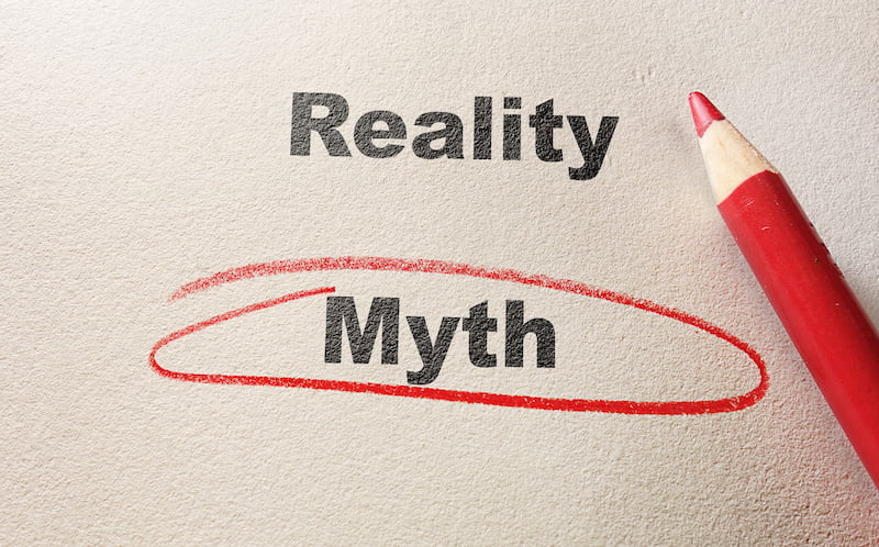 circled myth text, with reality text and red pencil