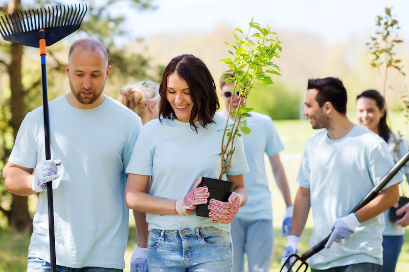 group of people in white shirts planting trees, community service.