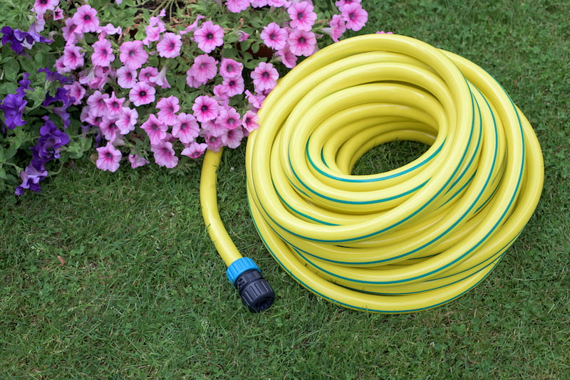 yellow hose pipe on grass in a garden