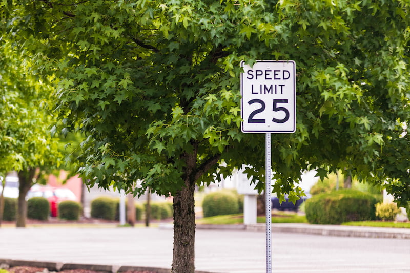 25 mph sign with a tree and concrete road and curb