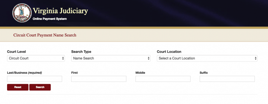 screenshot of the virginia judiciary online payment system website.