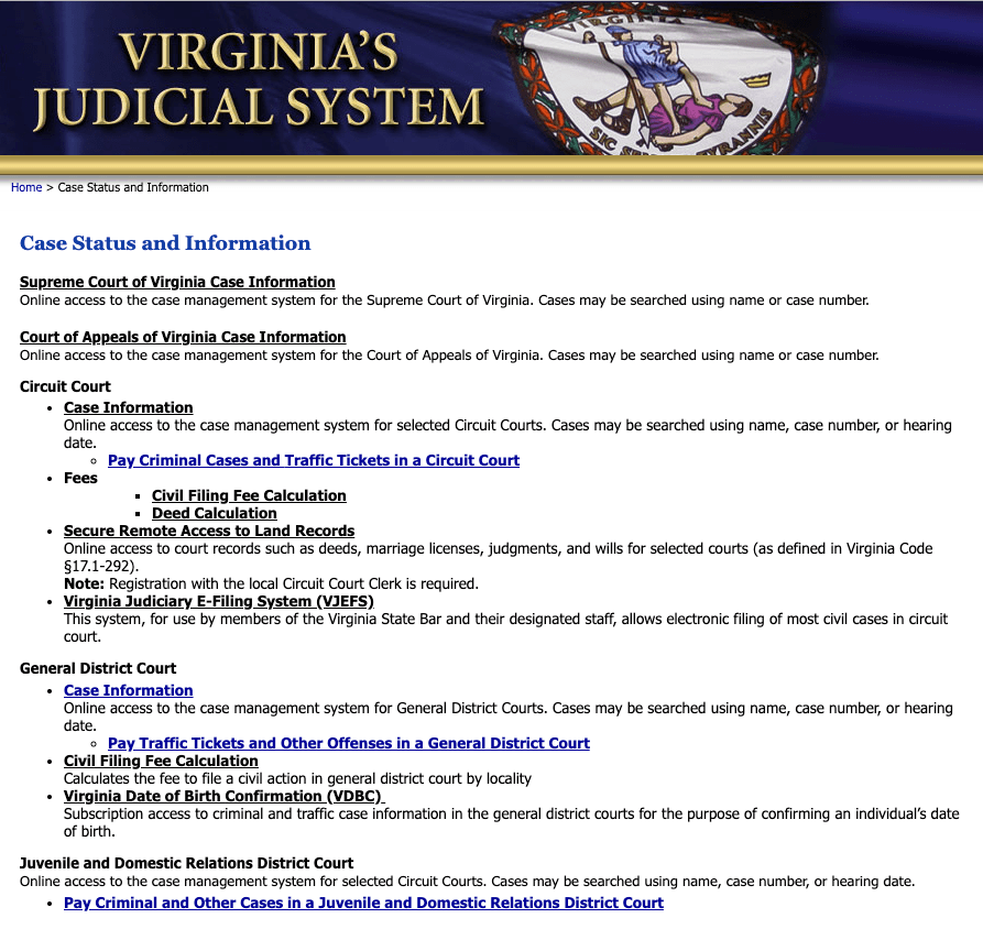 screenshot of the virginia judicial system website