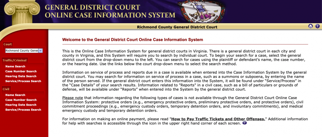 screenshot of virginia's general district court information system