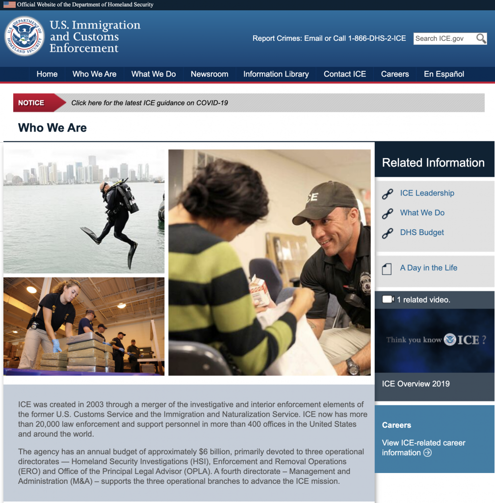 screen shot of the u.s. immigration and customs enforcement website ice.gov 2020-03-20 at 11.31.53 am