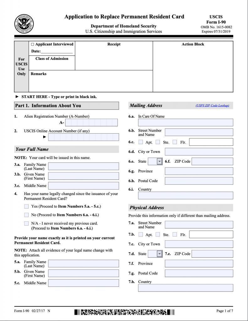 a screenshot of the pdf version of form i-90, taken at 2020-03-20 at 3.37.17 pm