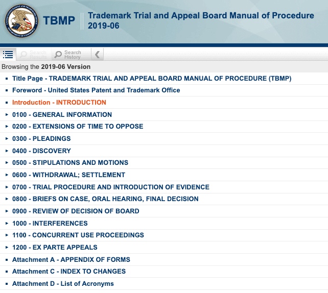 screenshot of the trademark trial and appeal board manual of procedure