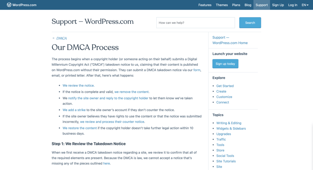 a screenshot of the wordpress.com dmca page.