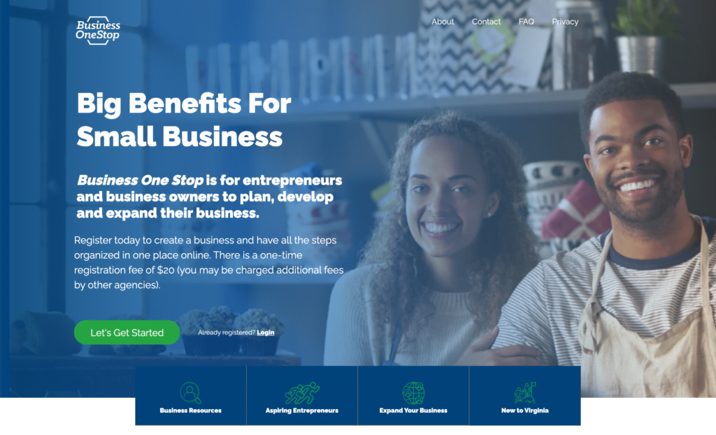 a screenshot from the virginia business one stop homepage to help small business owners start their businesses.