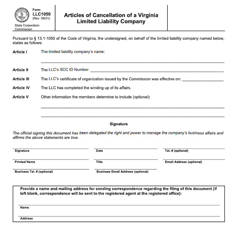 screenshot of llc1050 - articles of cancellation in virginia.